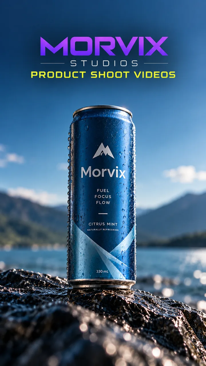 AI product shoot: a chilled drink can on a wet rock by a mountain lake