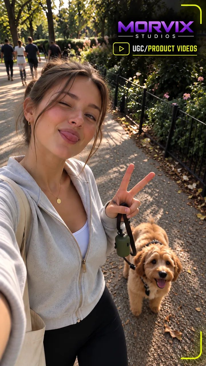 AI-generated UGC selfie of a woman walking her dog, holding a product